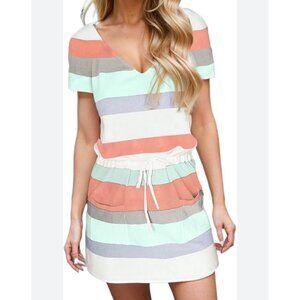 SHEIN Colorful Striped Cotton Dress – V-Neck, Short Sleeve, Size XL
